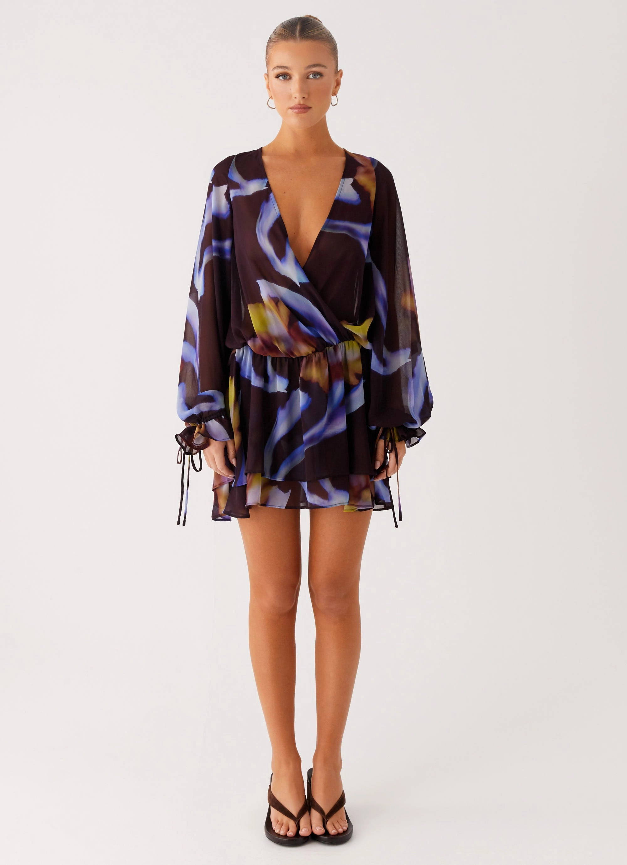 Soft Outfit Asymmetrical Cut Passion Long Sleeve Mini Dress - Dark Floral