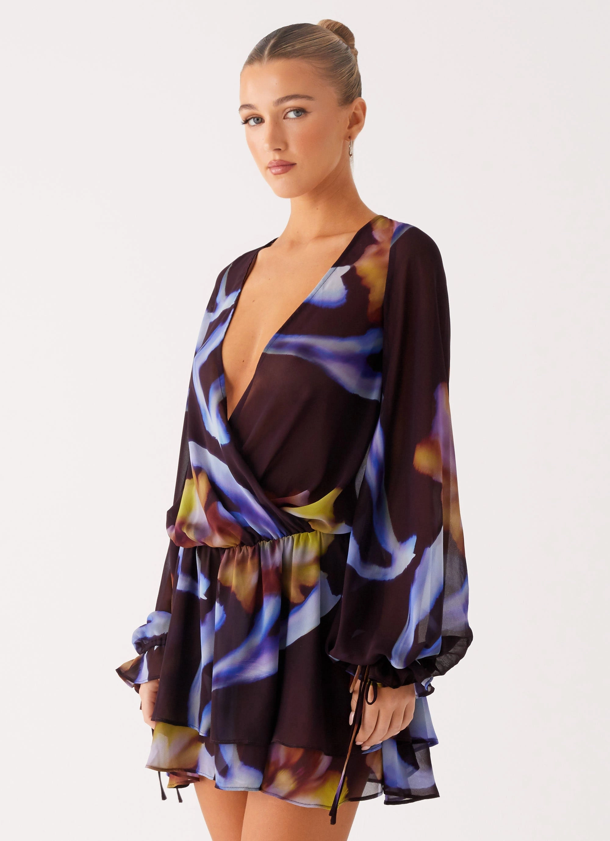 Passion Long Sleeve Mini Dress - Dark Floral Tonal Layering