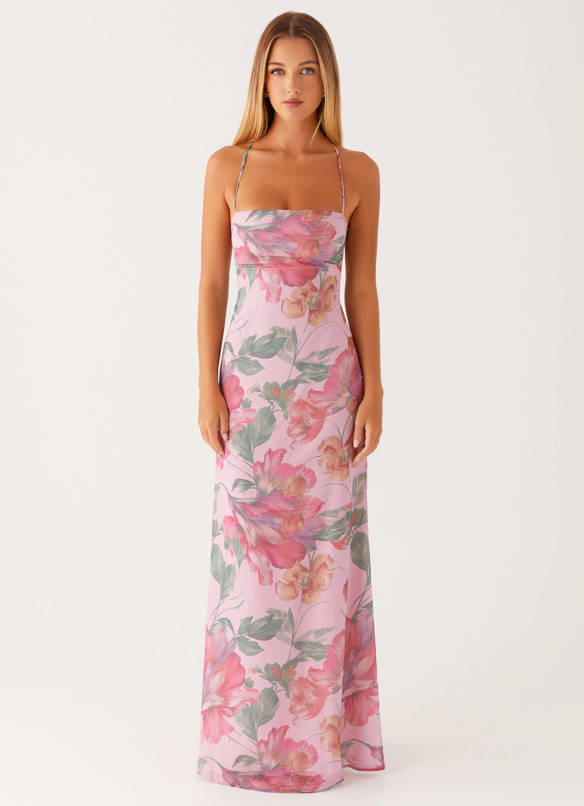 Peggy Maxi Dress - Pink Floral Sleek Draping Casual Silhouette