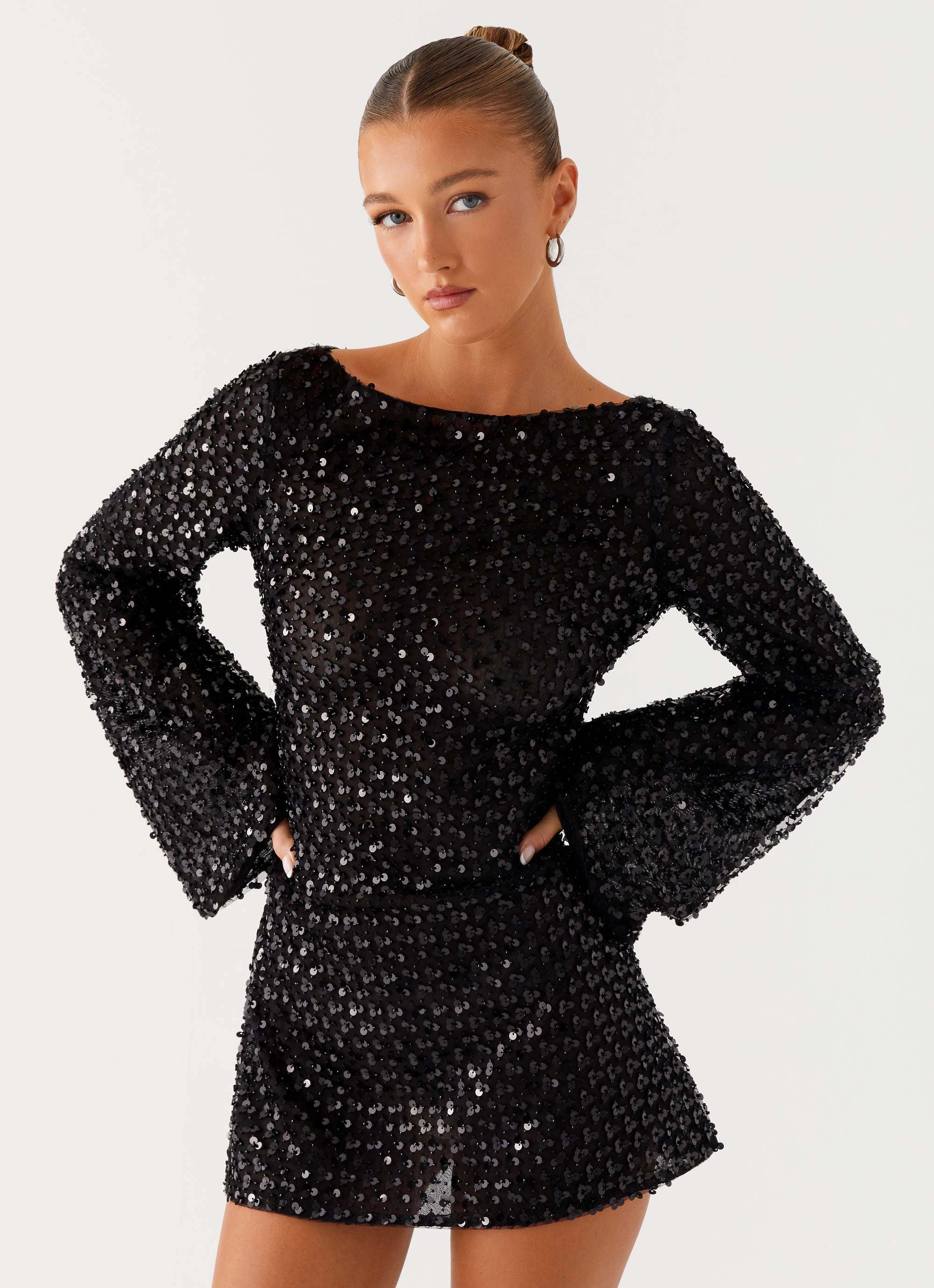 Edessa Sequin Mini Dress - Black Glossy Texture Airy Look
