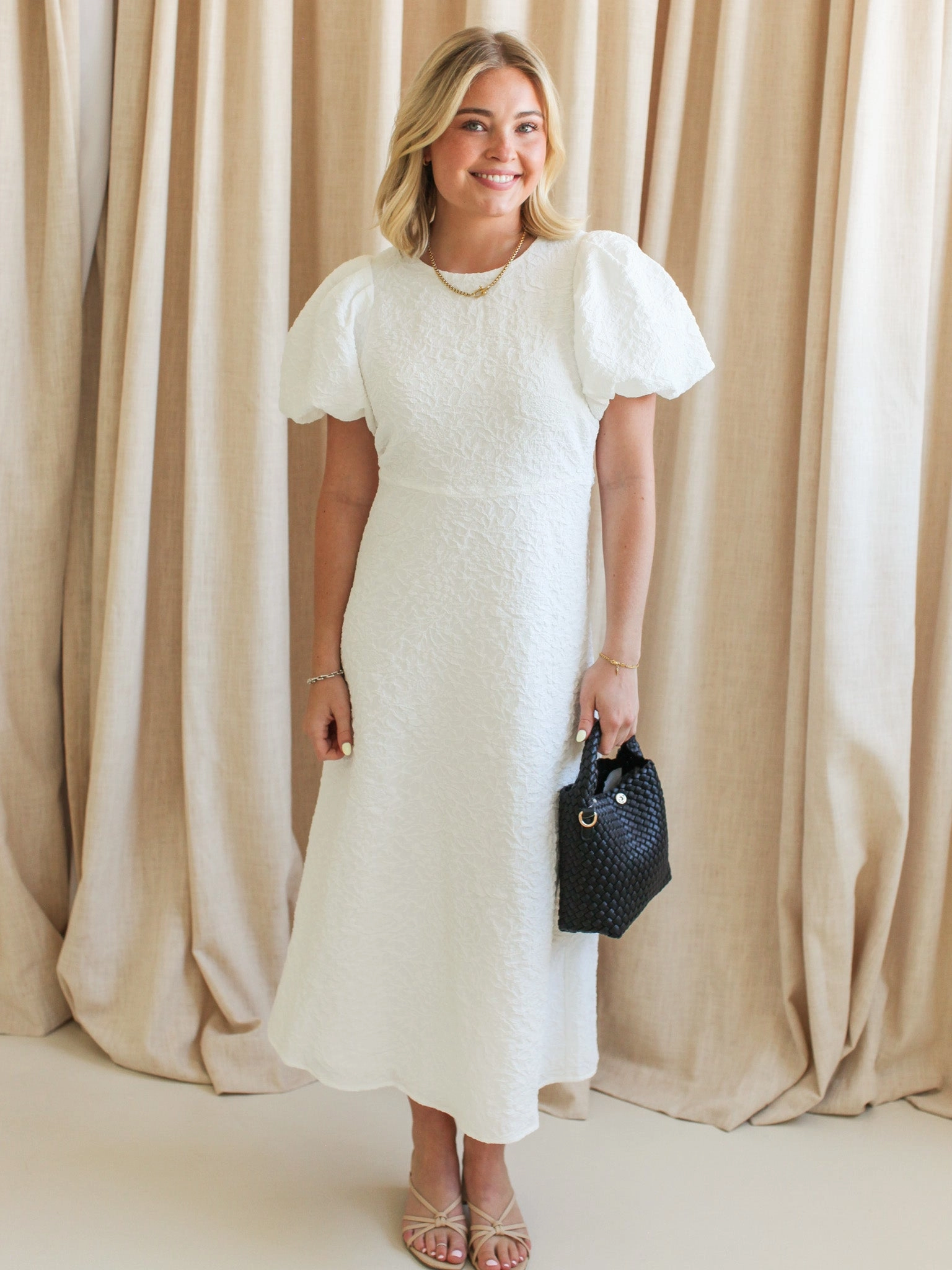 Perfect Proportion Open Back Ella Jacquard Midi Dress- White