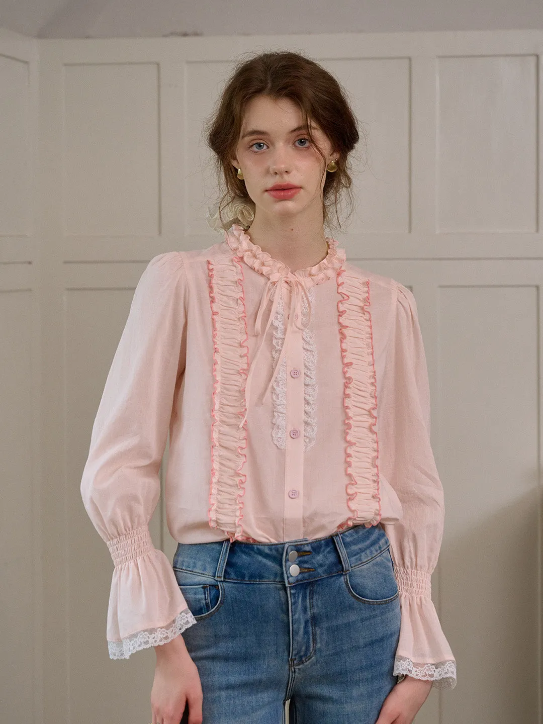 ??Final Sale??Ramona Mock Neck Ruched Bow Contrast Lace Cotton Blouse MultiPanelBreathability FlexFit Technology