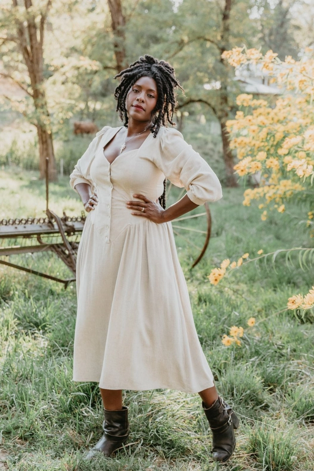 Prairie Dress in Oat Linen Flattering Look