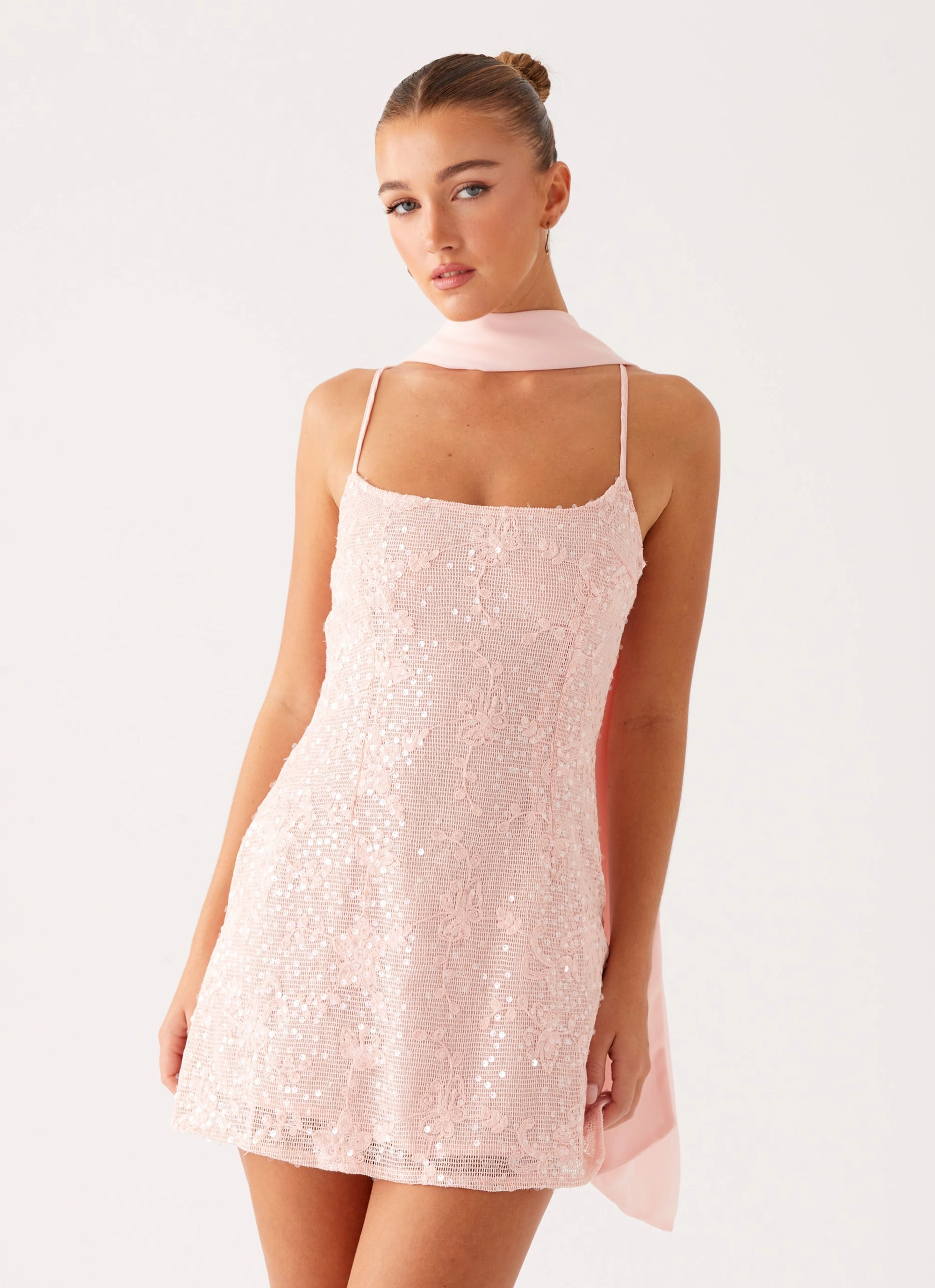 Puff-Sleeve Soft and Relaxed Vision Sequin Mini Dress - Pink