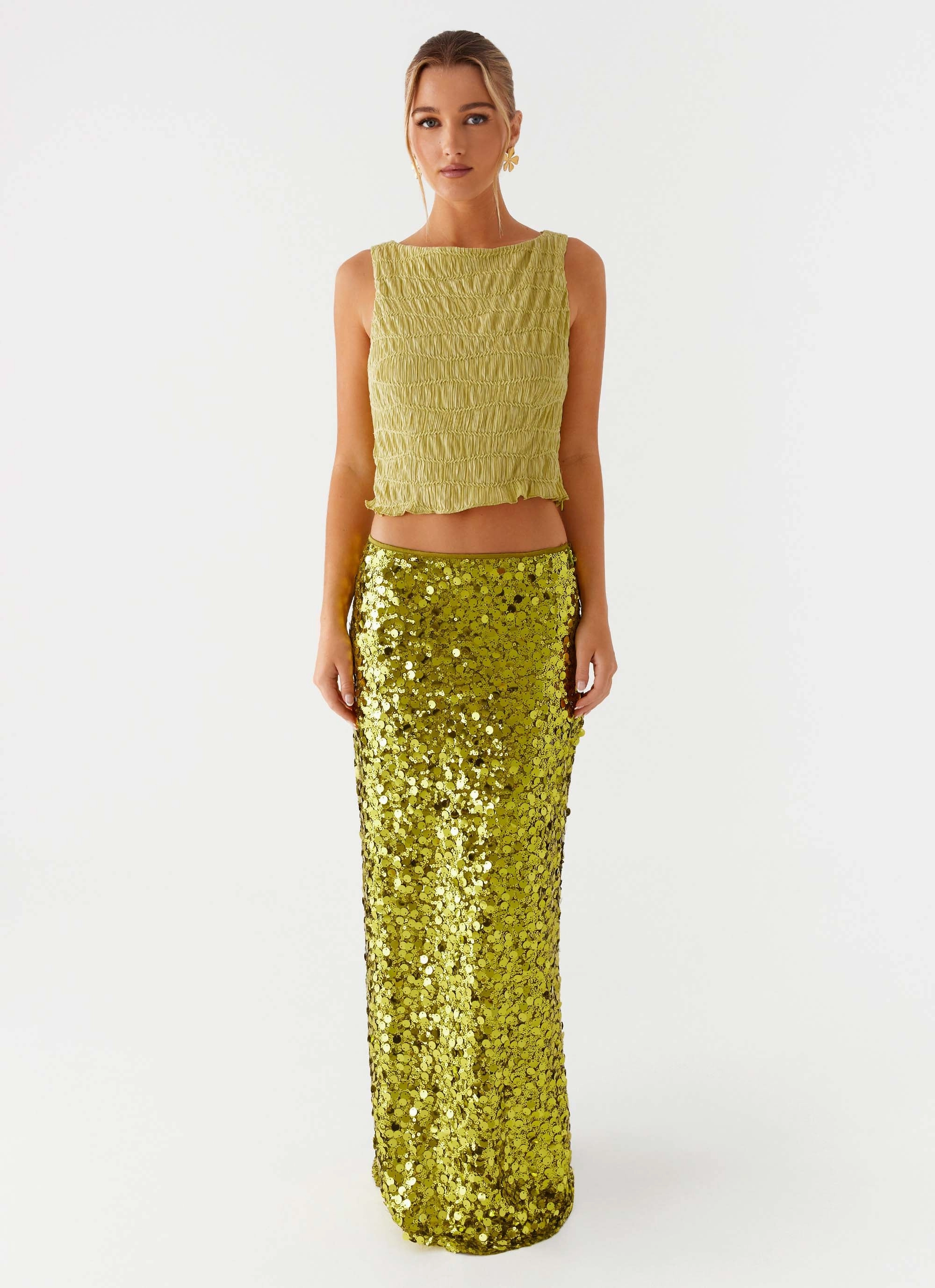 Travel Vibes Neutral Look Perfect Places Low Rise Sequin Maxi Skirt - Olive