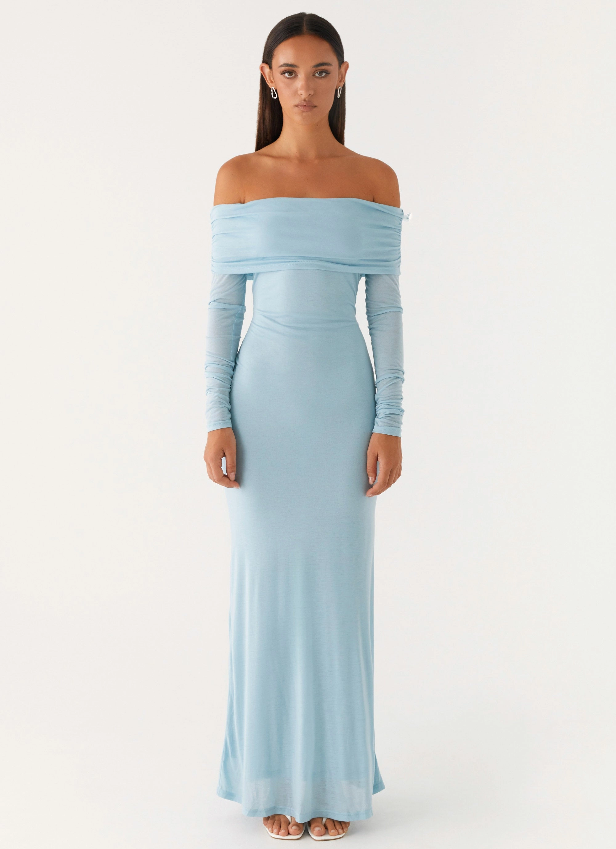 Cocoa Long Sleeve Maxi Dress - Blue Satin Grace Side-Pocket