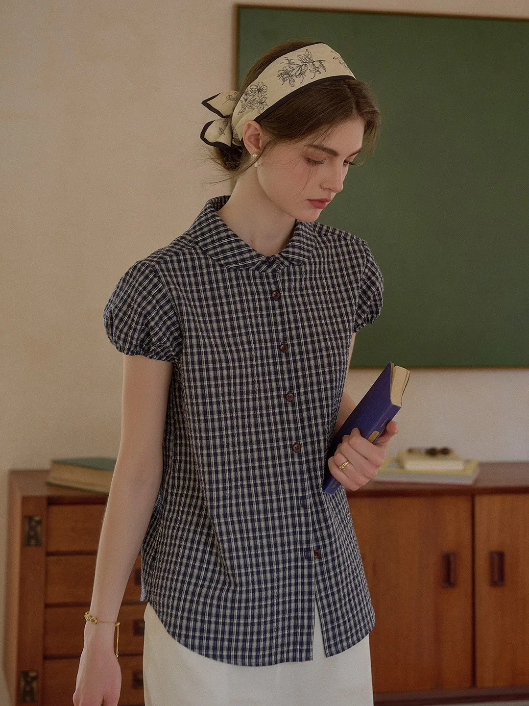 Chloe Peter Pan Collar Plaid Cotton Blouse Ribbed Neckline Anti Pilling Technology