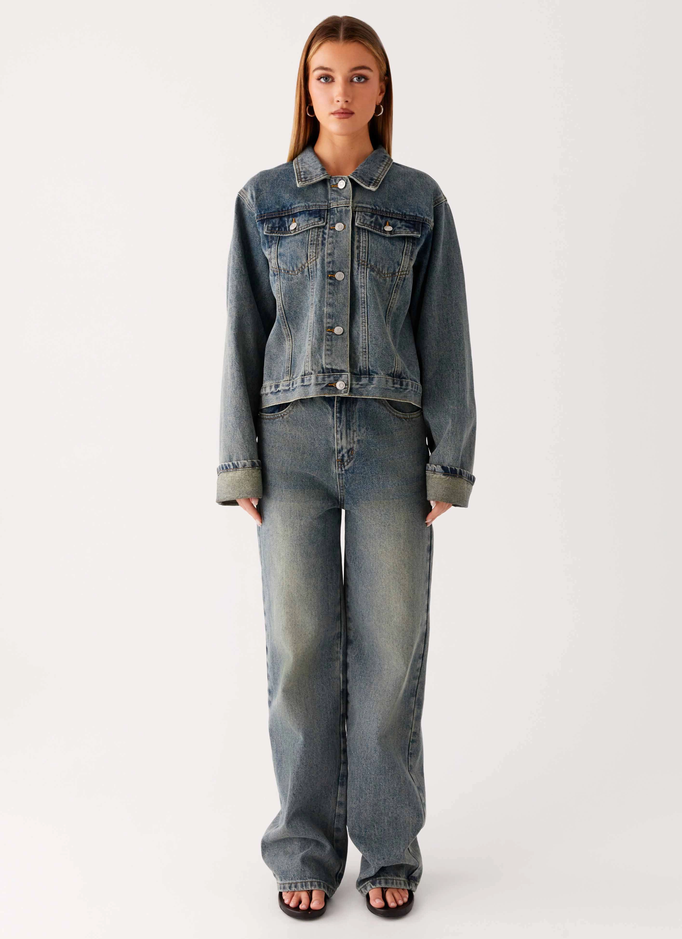 Back Again Oversized Denim Jacket - Dirty Wash Non Bulky Design Core Fit
