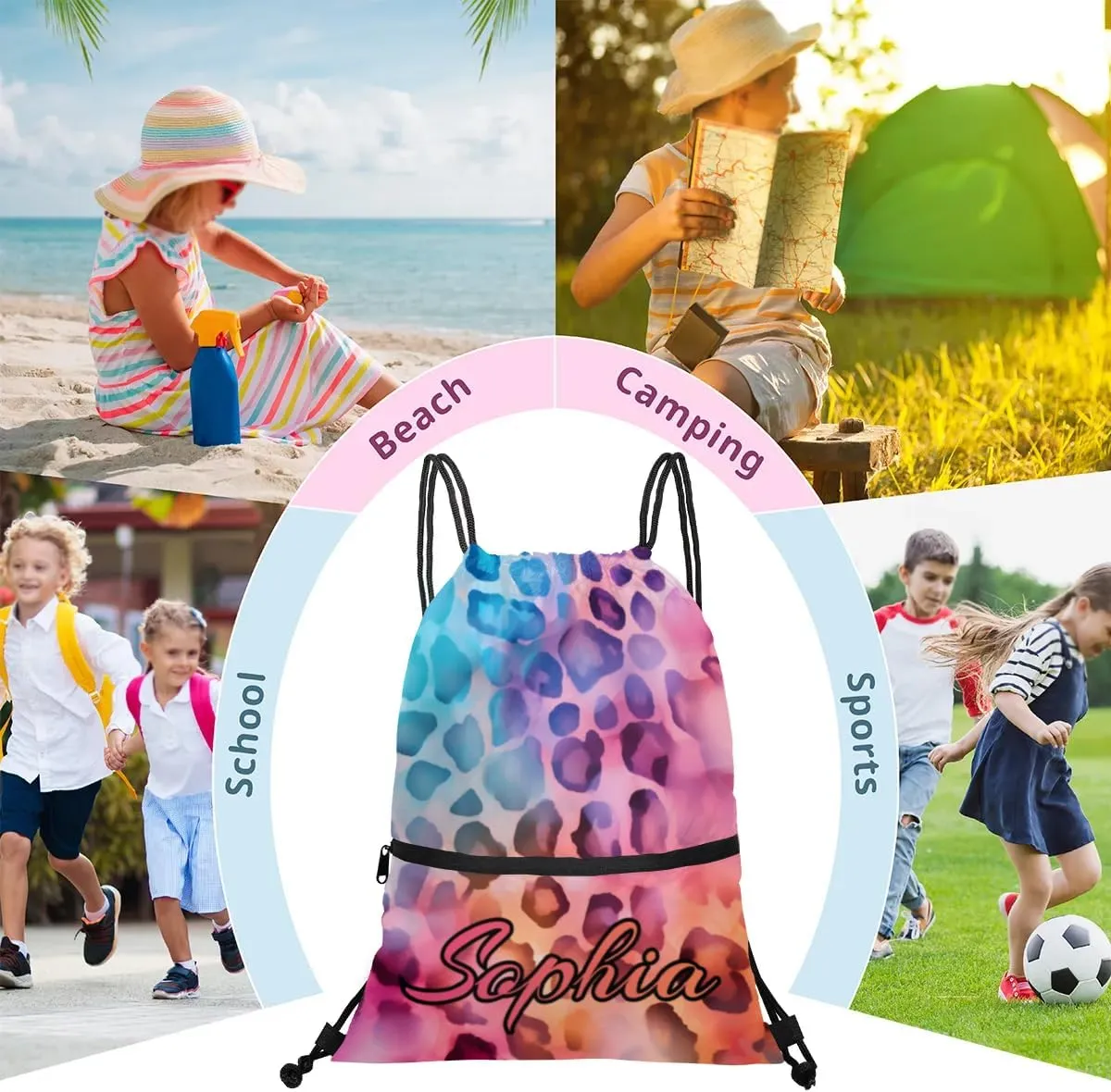 Personalized Drawstring Bags Drawstring Backpack for Kids, Small Gym Drawstring Bags for Gymnastics Sport Hiking Leopard Red
