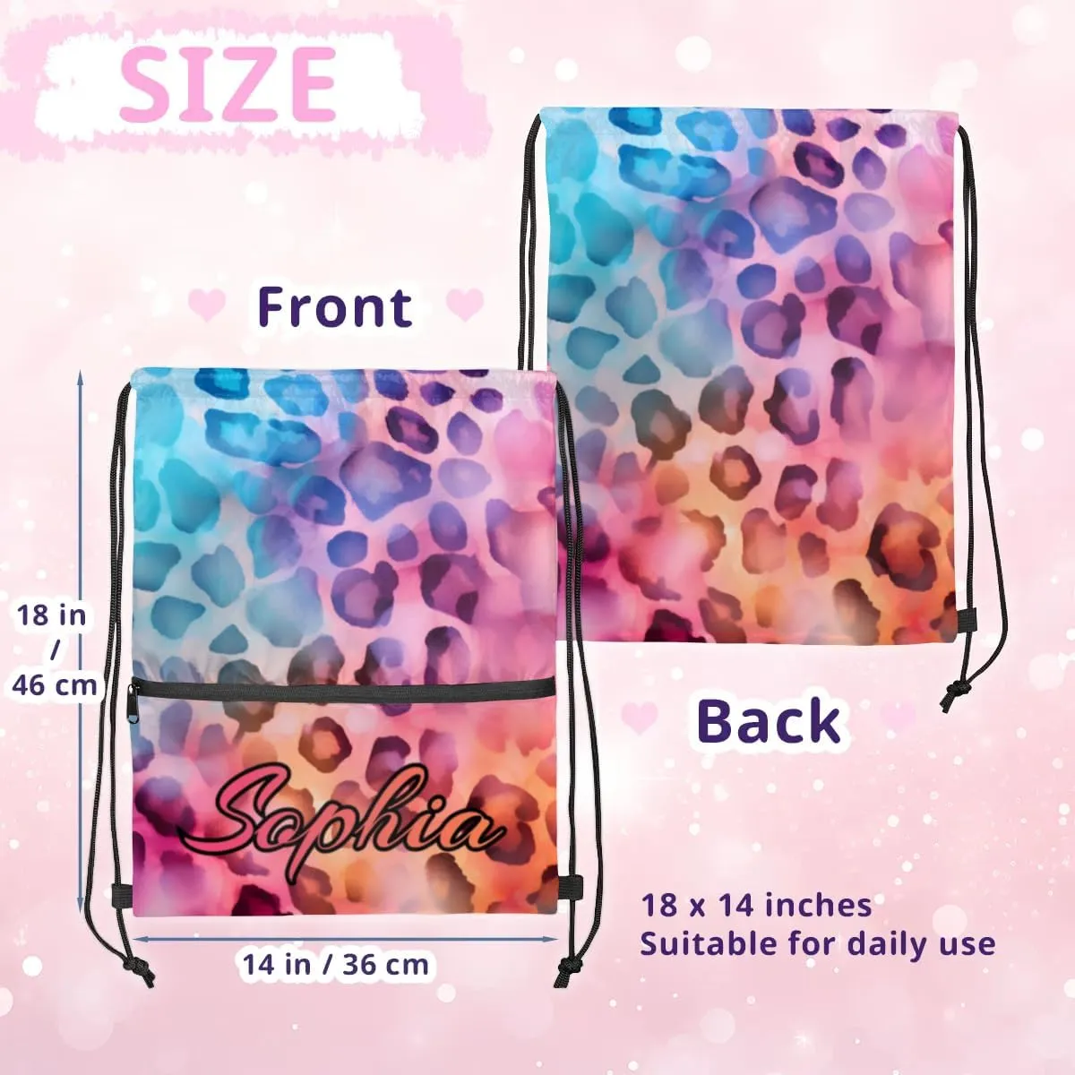 Personalized Drawstring Bags Drawstring Backpack for Kids, Small Gym Drawstring Bags for Gymnastics Sport Hiking Leopard Red