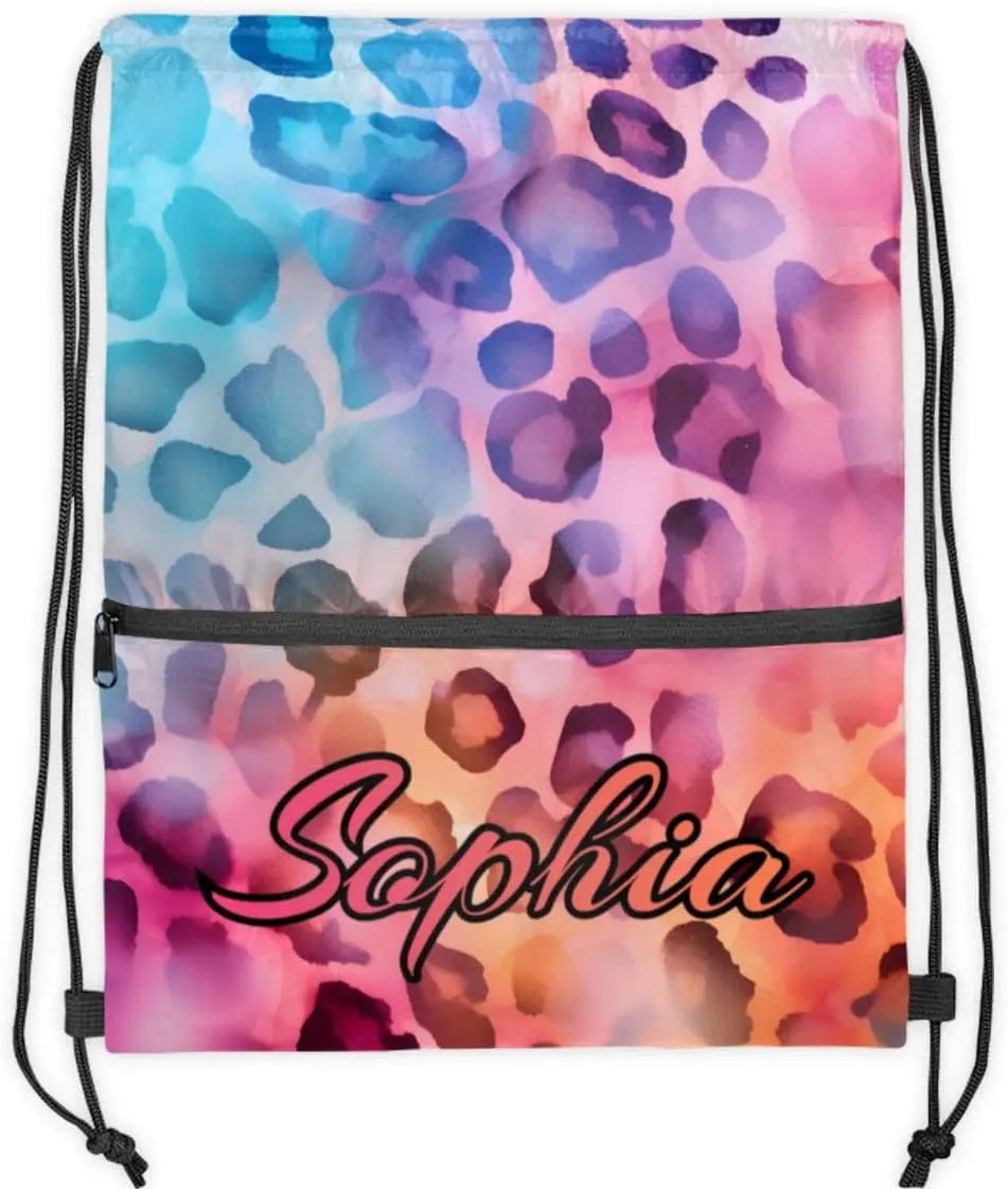Personalized Drawstring Bags Drawstring Backpack for Kids, Small Gym Drawstring Bags for Gymnastics Sport Hiking Leopard Red
