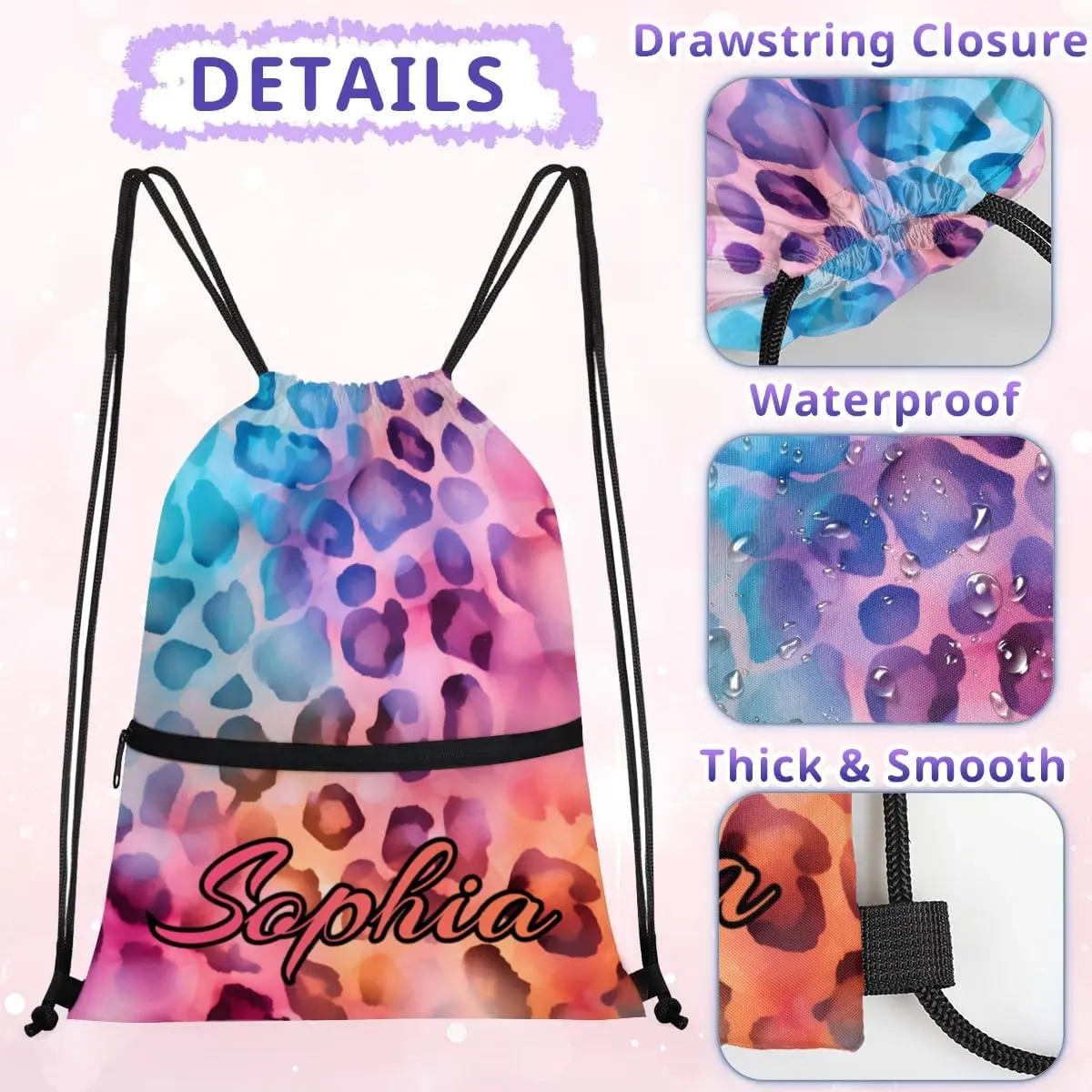 Personalized Drawstring Bags Drawstring Backpack for Kids, Small Gym Drawstring Bags for Gymnastics Sport Hiking Leopard Red