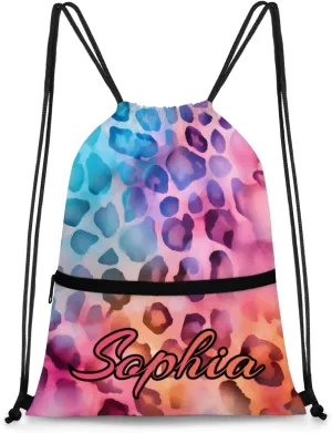 Personalized Drawstring Bags Drawstring Backpack for Kids, Small Gym Drawstring Bags for Gymnastics Sport Hiking Leopard Red
