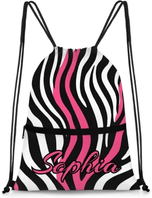 Personalized Drawstring Bags Drawstring Backpack for Kids, Small Gym Drawstring Bags for Gymnastics Sport Hiking Zebra Pink