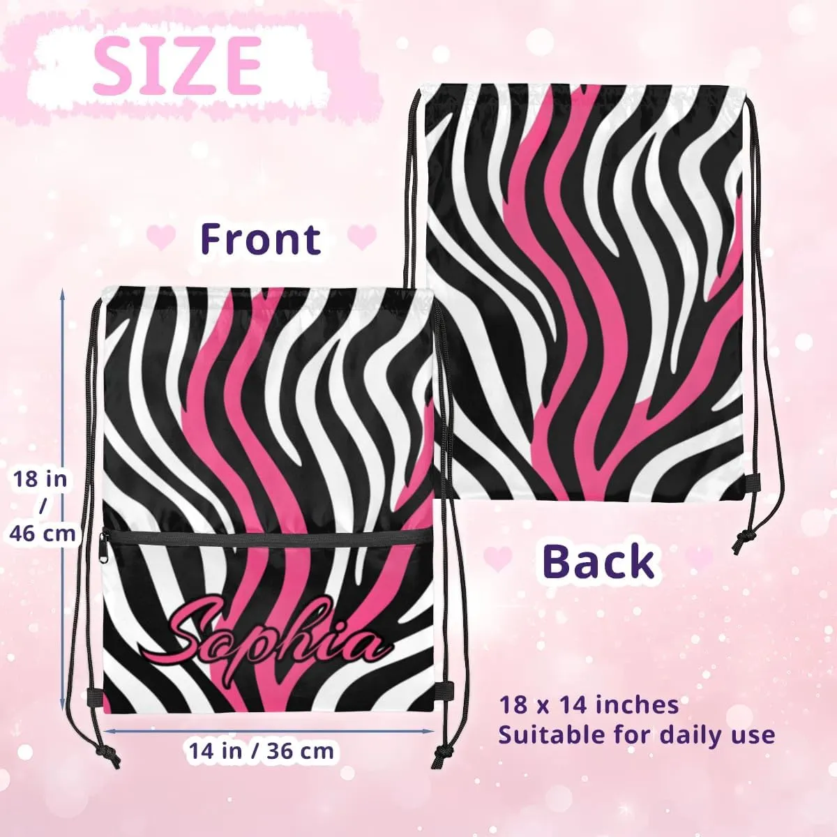 Personalized Drawstring Bags Drawstring Backpack for Kids, Small Gym Drawstring Bags for Gymnastics Sport Hiking Zebra Pink