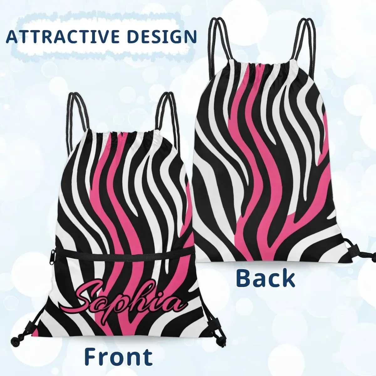 Personalized Drawstring Bags Drawstring Backpack for Kids, Small Gym Drawstring Bags for Gymnastics Sport Hiking Zebra Pink