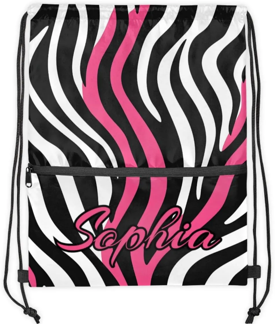 Personalized Drawstring Bags Drawstring Backpack for Kids, Small Gym Drawstring Bags for Gymnastics Sport Hiking Zebra Pink
