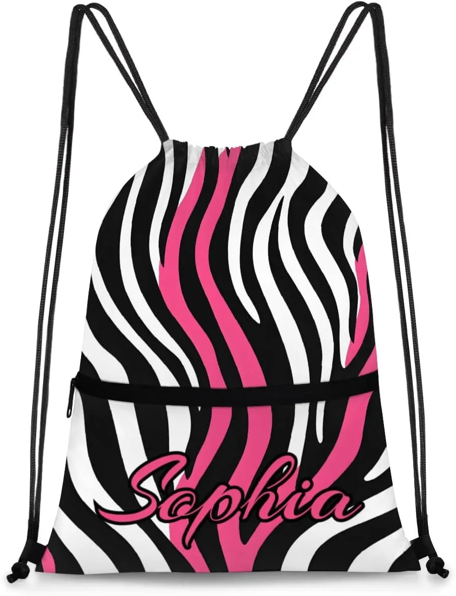 Personalized Drawstring Bags Drawstring Backpack for Kids, Small Gym Drawstring Bags for Gymnastics Sport Hiking Zebra Pink
