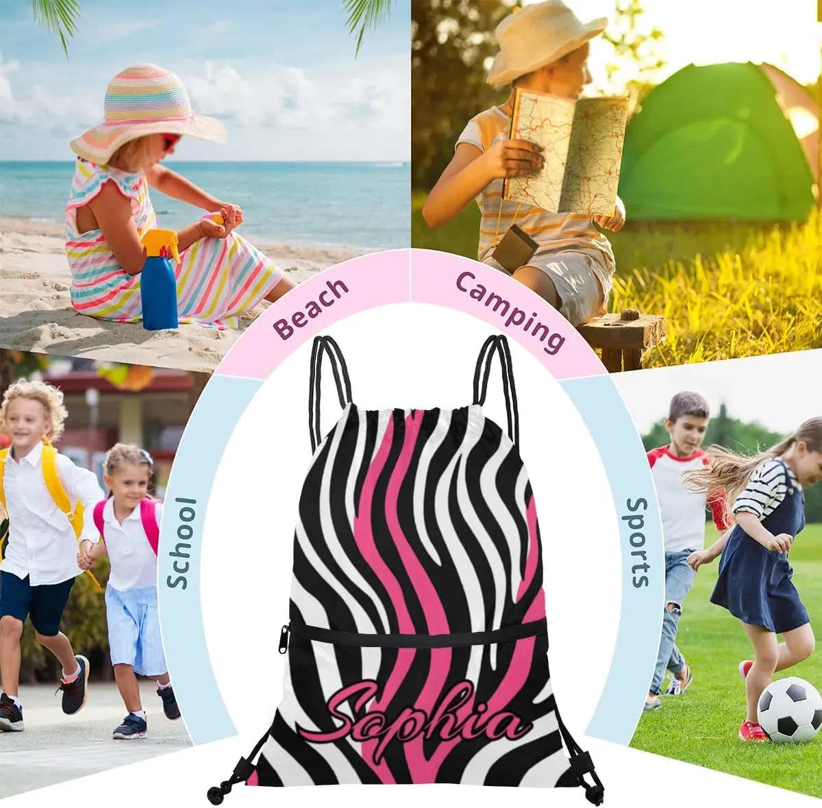 Personalized Drawstring Bags Drawstring Backpack for Kids, Small Gym Drawstring Bags for Gymnastics Sport Hiking Zebra Pink