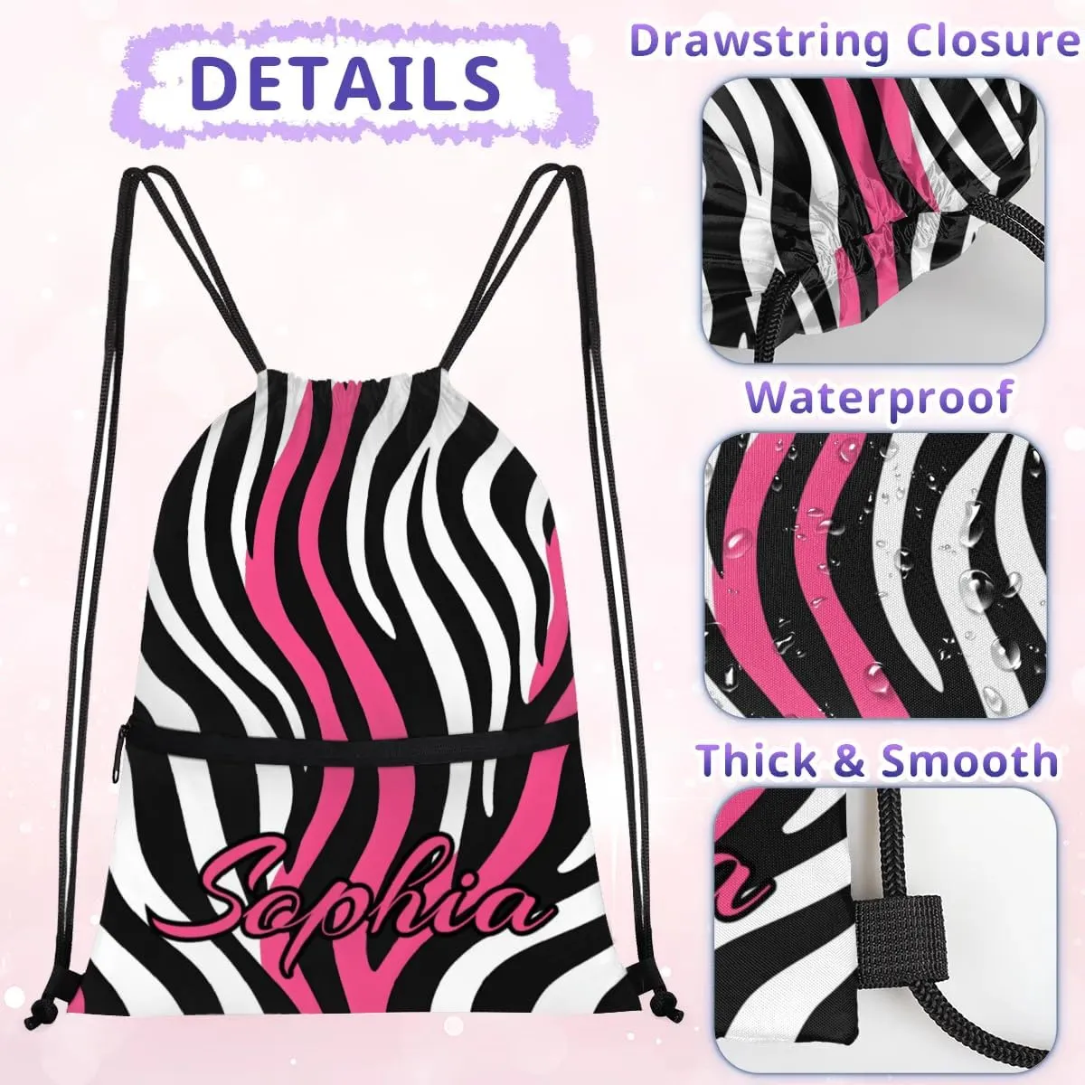 Personalized Drawstring Bags Drawstring Backpack for Kids, Small Gym Drawstring Bags for Gymnastics Sport Hiking Zebra Pink