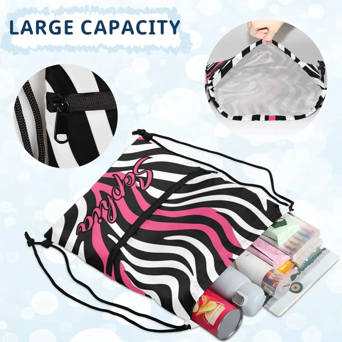 Personalized Drawstring Bags Drawstring Backpack for Kids, Small Gym Drawstring Bags for Gymnastics Sport Hiking Zebra Pink