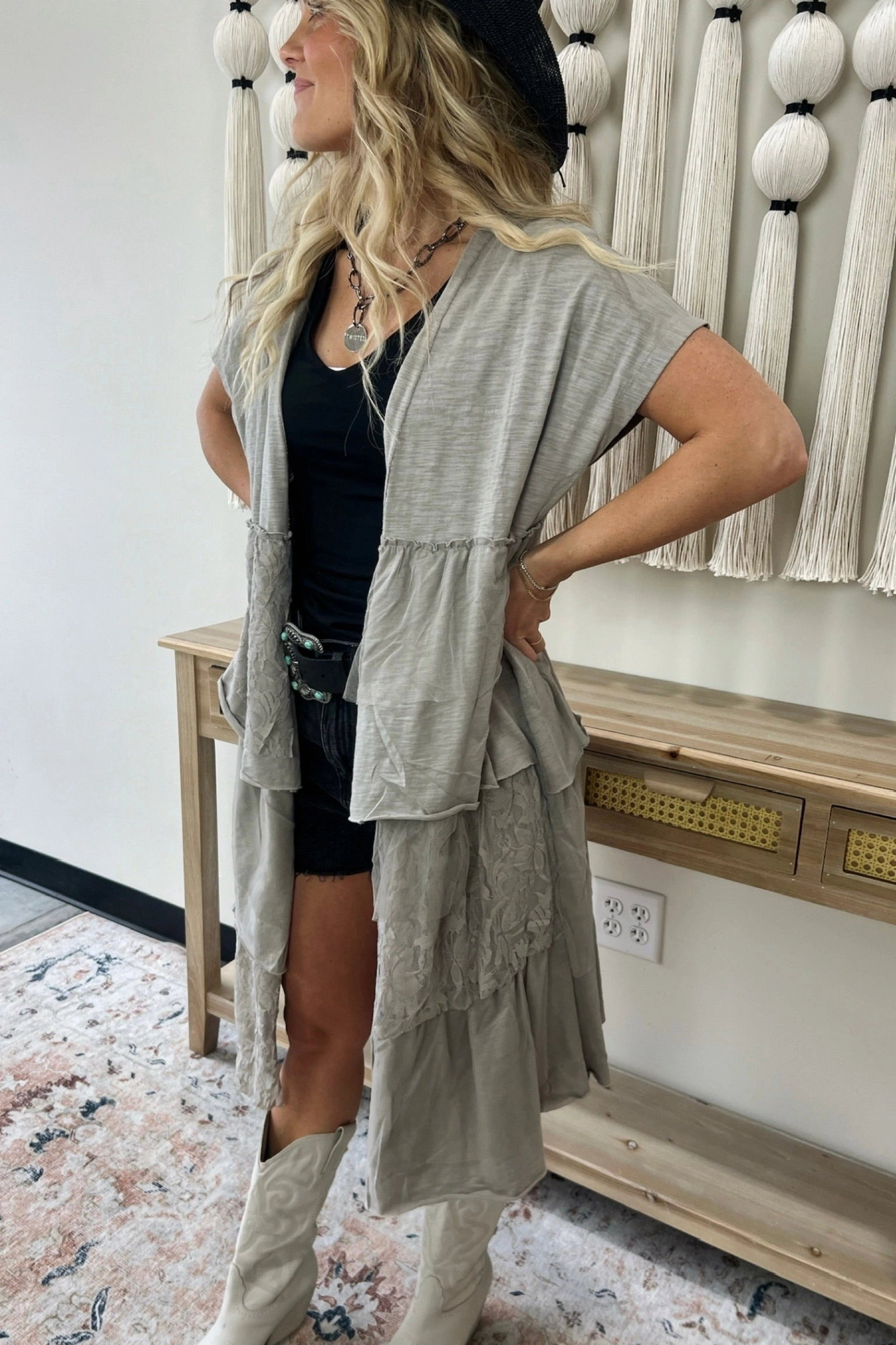 Yarn Dyed Pattern Cloth Petal & Lace Open Front Cardigan - FINAL SALE
