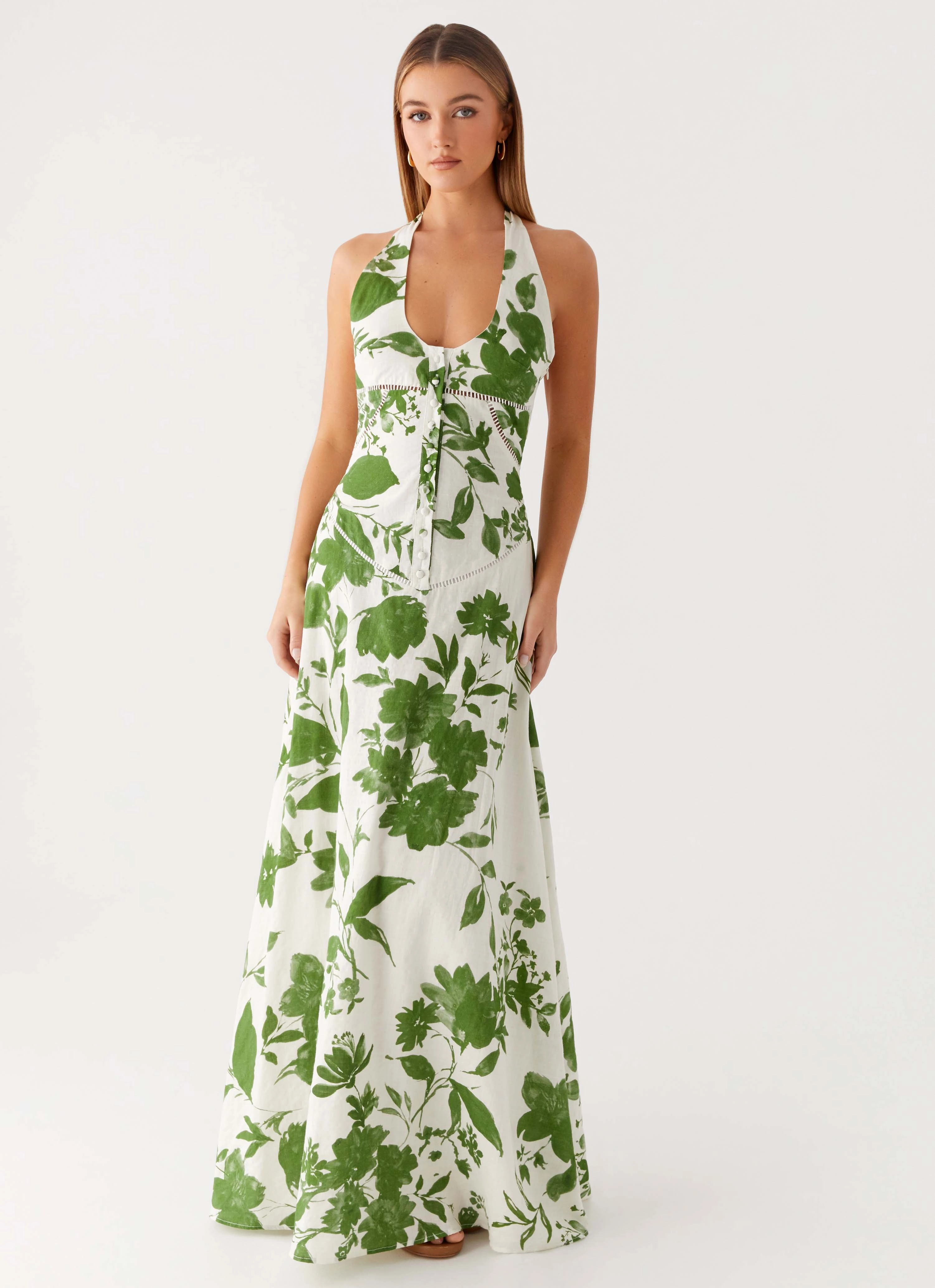 Ember Valley Maxi Dress - Verdant Bloom Comfort Fit Front-Slit