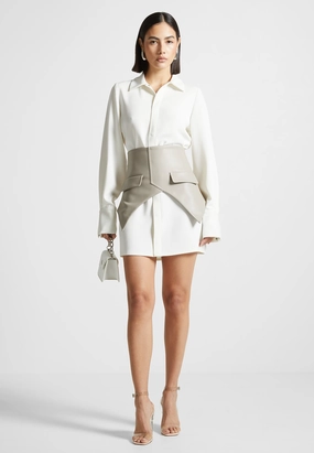 Cozy Layer Corset Shirt Dress - White/Beige