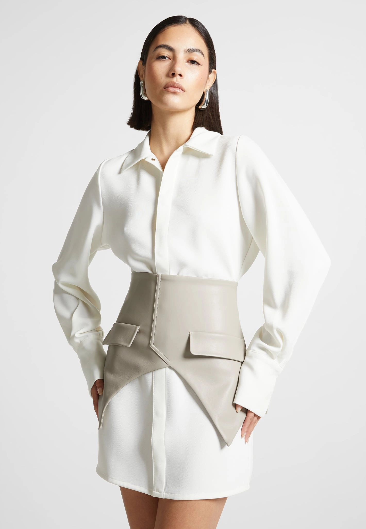 Corset Shirt Dress - White/Beige Urban Touch
