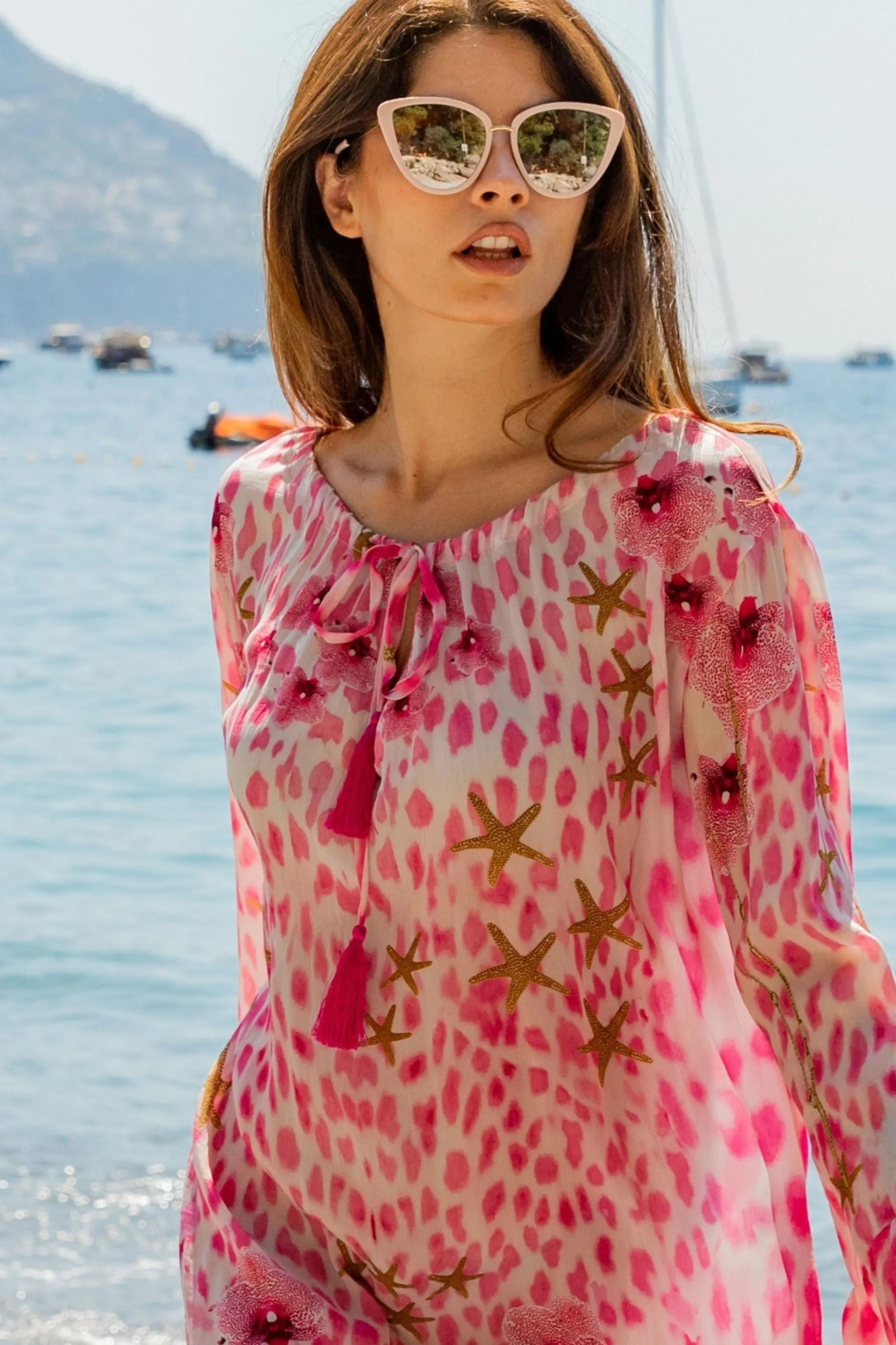 Pink Animal Print Silk Knee Length Dress