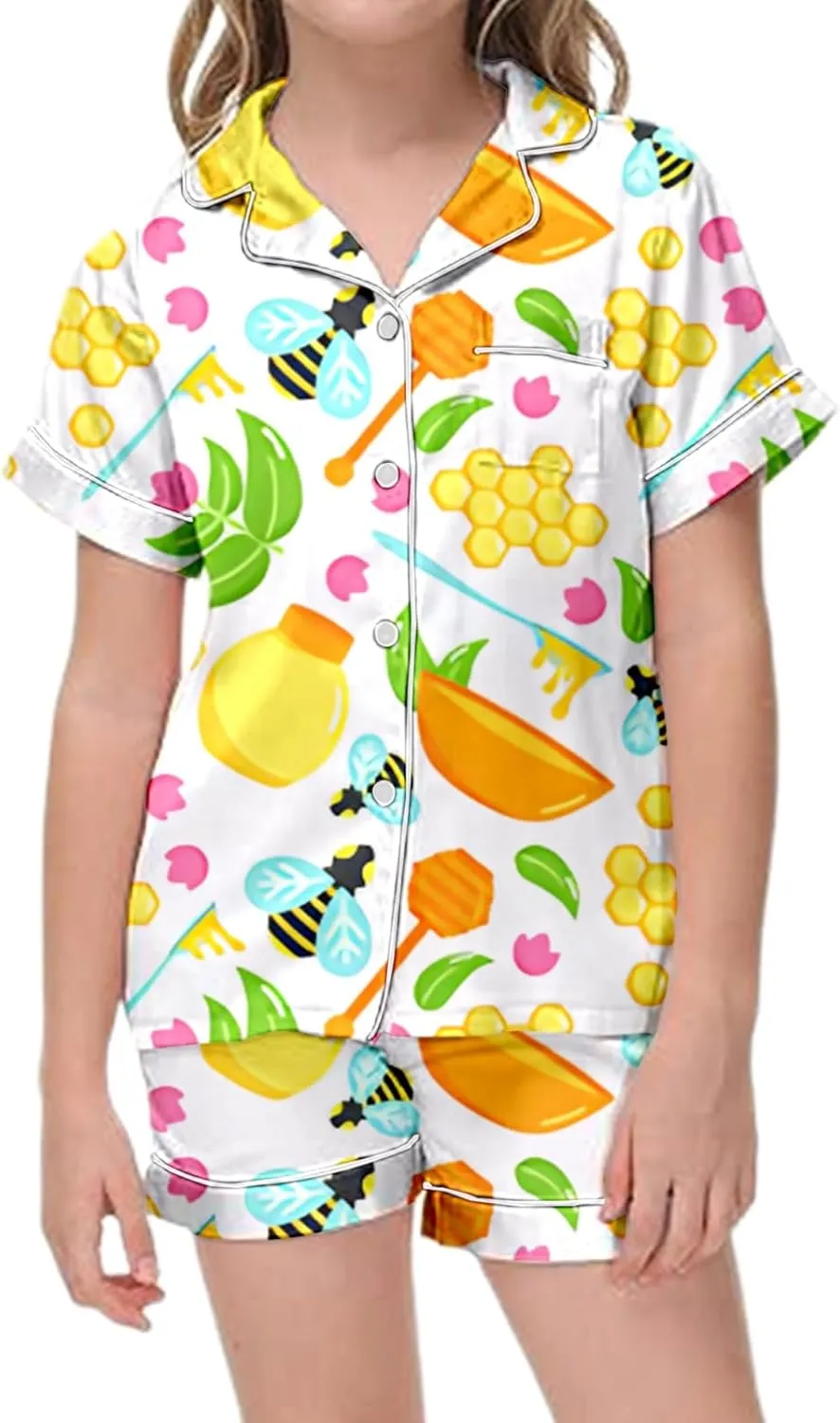 Pink Bow Pajamas Sets for Teen irls Cute Preppy Bow Silk Button Down Short Sleeve Shirt and Shorts Set Loungewear