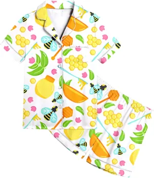 Pink Bow Pajamas Sets for Teen irls Cute Preppy Bow Silk Button Down Short Sleeve Shirt and Shorts Set Loungewear
