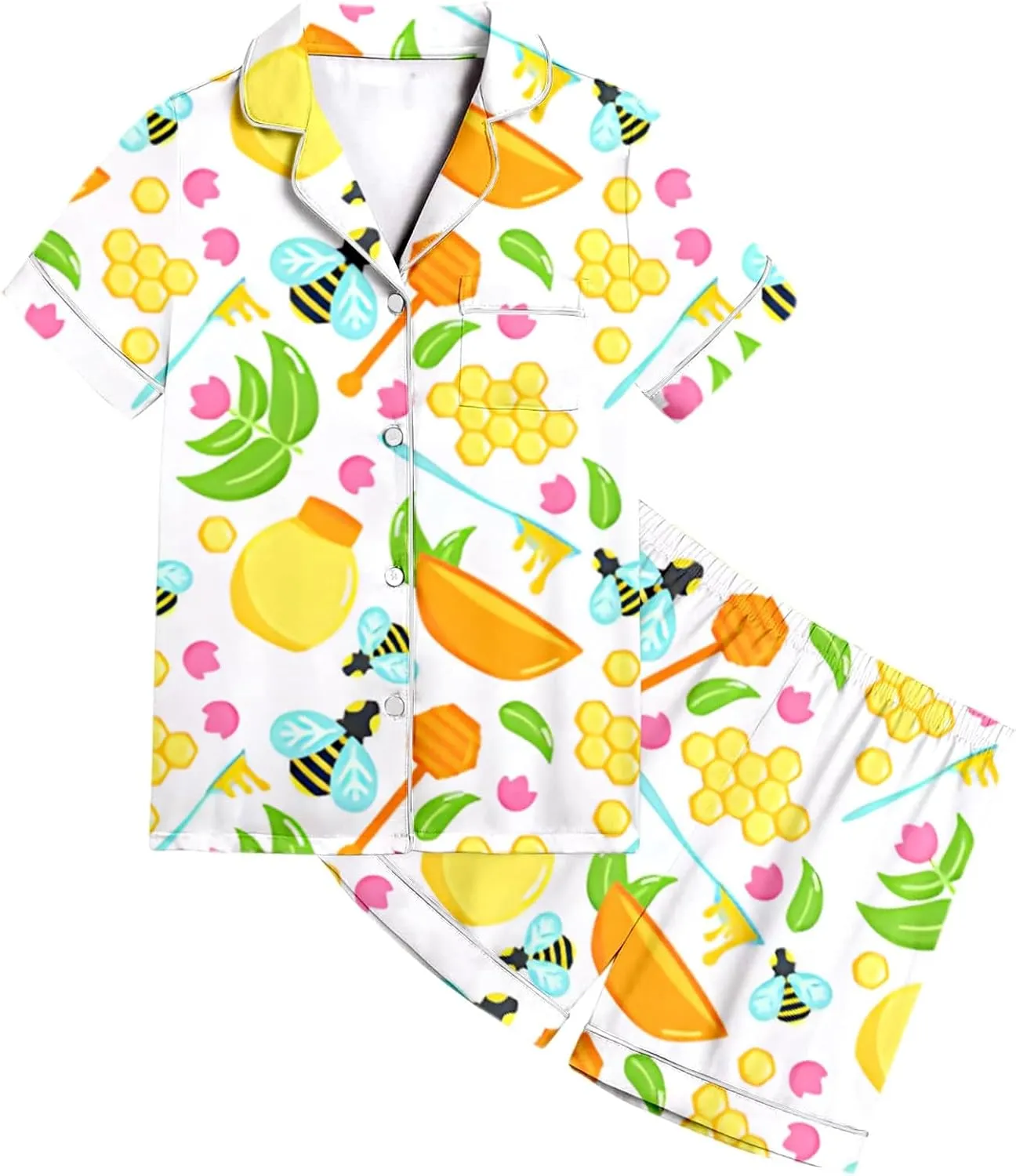 Pink Bow Pajamas Sets for Teen irls Cute Preppy Bow Silk Button Down Short Sleeve Shirt and Shorts Set Loungewear