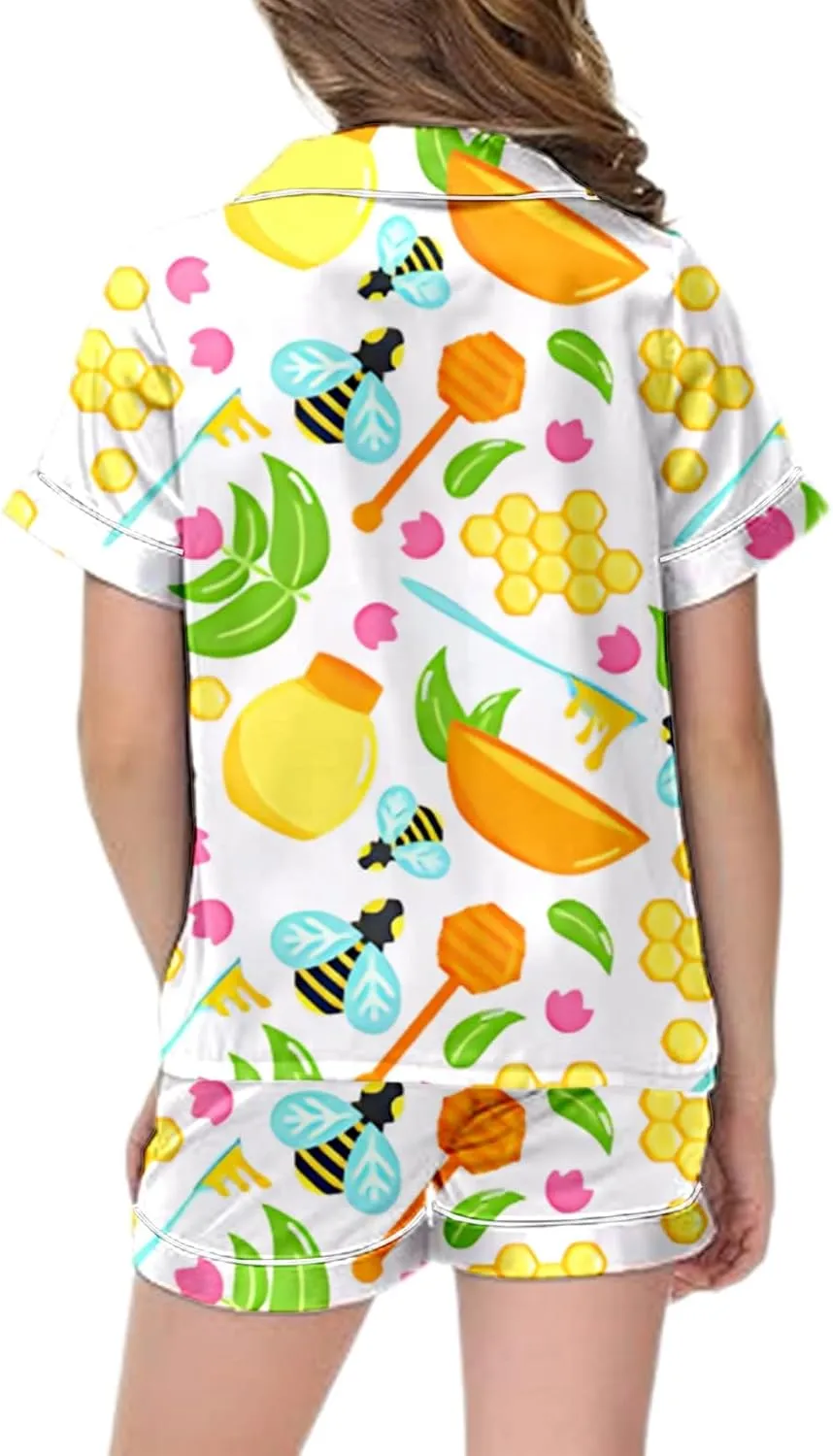 Pink Bow Pajamas Sets for Teen irls Cute Preppy Bow Silk Button Down Short Sleeve Shirt and Shorts Set Loungewear