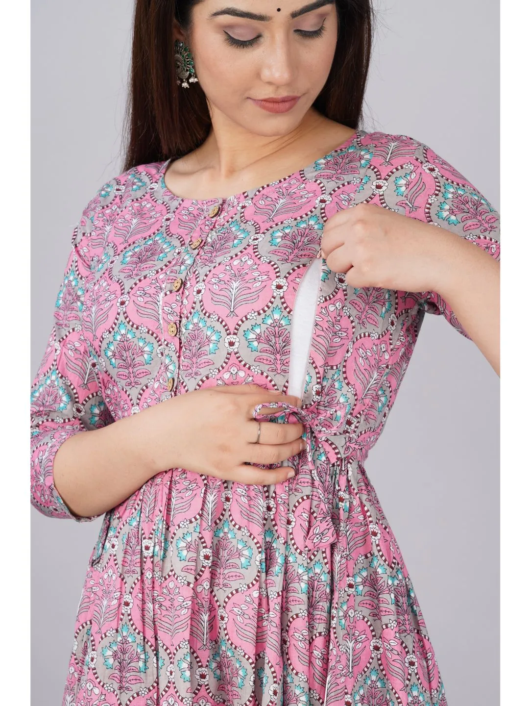 Pink Printed Maternity Baby Feeding Dress