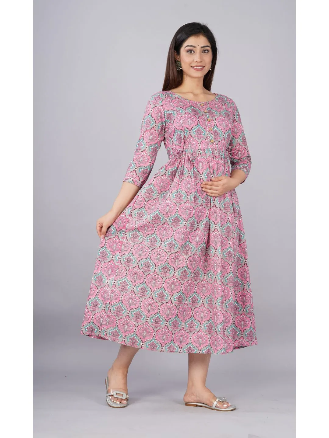 Pink Printed Maternity Baby Feeding Dress