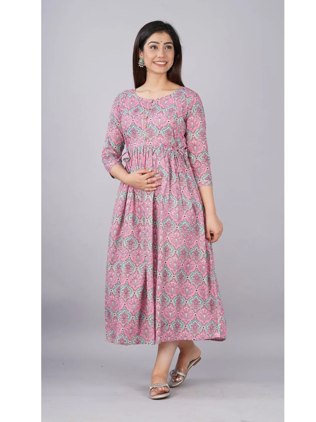 Pink Printed Maternity Baby Feeding Dress