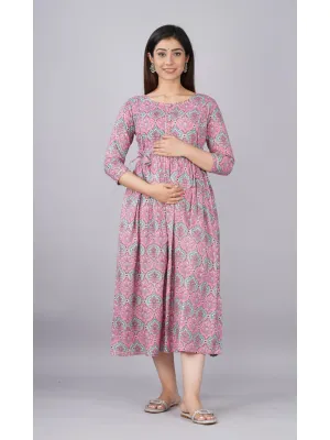 Pink Printed Maternity Baby Feeding Dress
