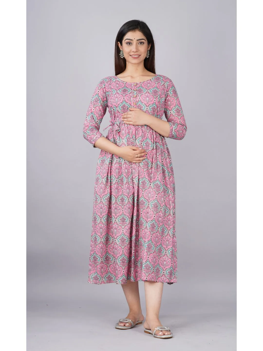 Pink Printed Maternity Baby Feeding Dress