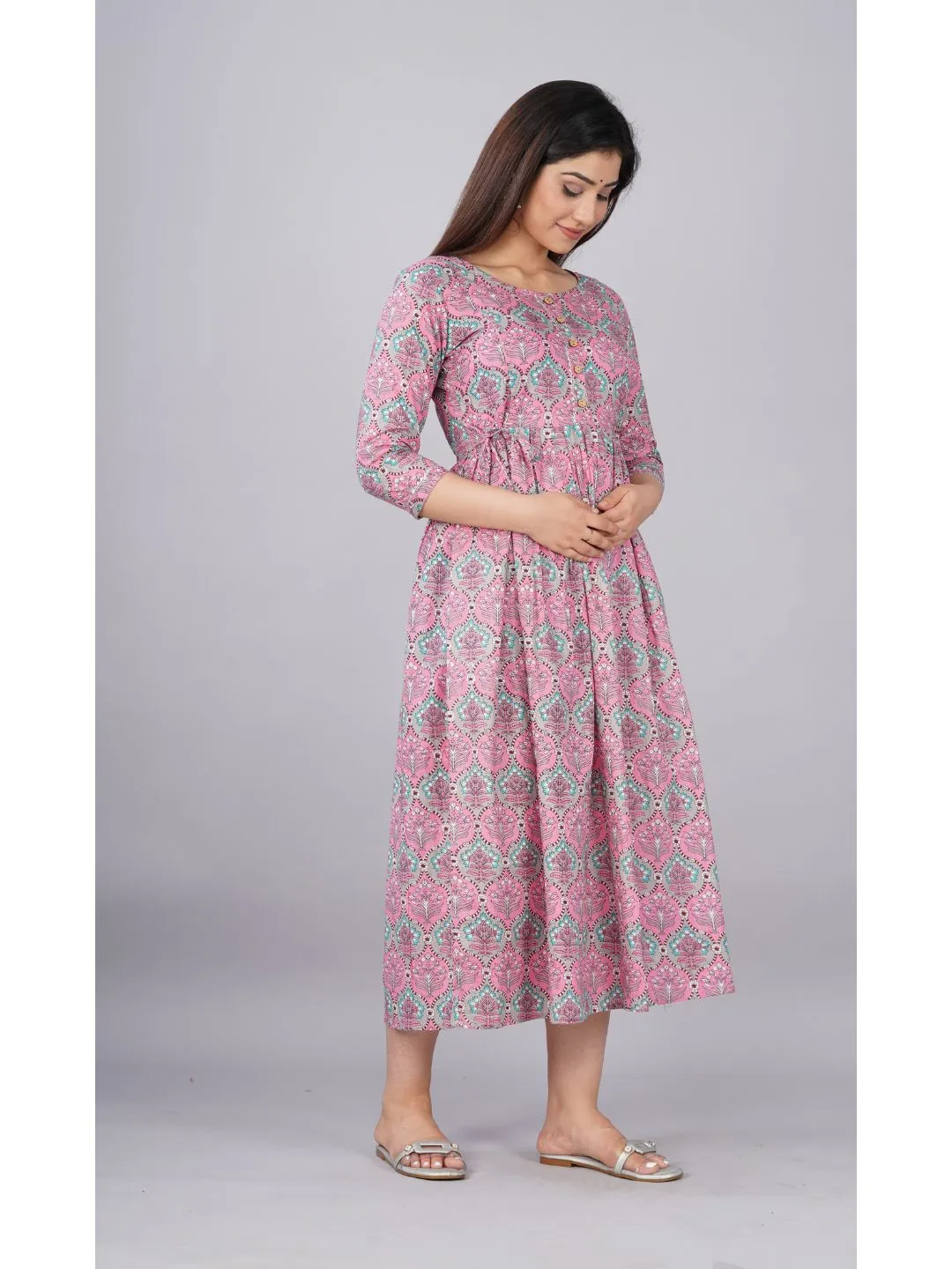Pink Printed Maternity Baby Feeding Dress