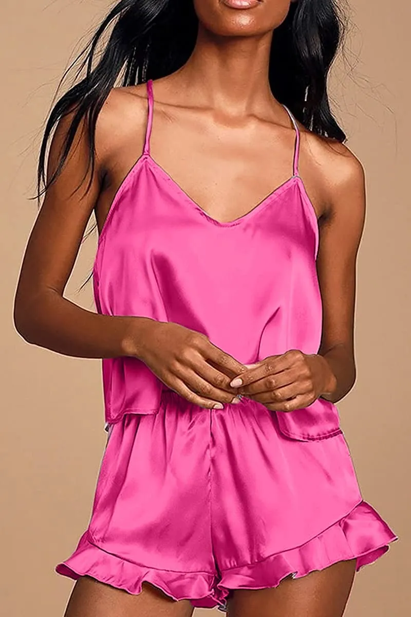 Pink Silk Satin Ruffled Pajamas