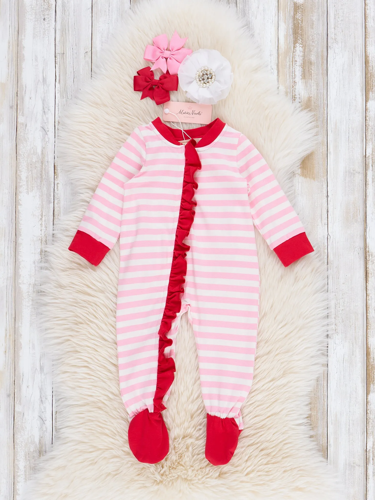 Pink Striped Embroidered Santa Cookies Footed Sleeper Pajamas