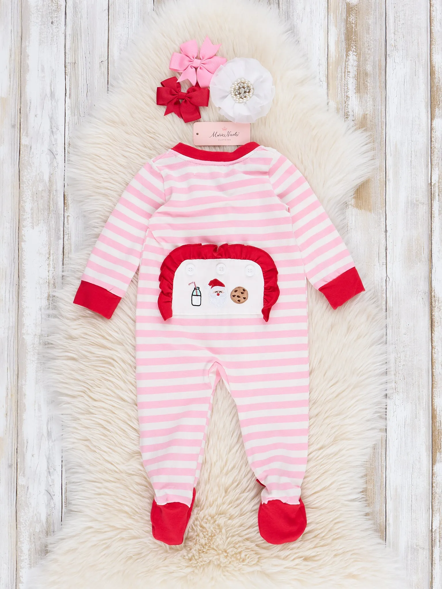 Pink Striped Embroidered Santa Cookies Footed Sleeper Pajamas