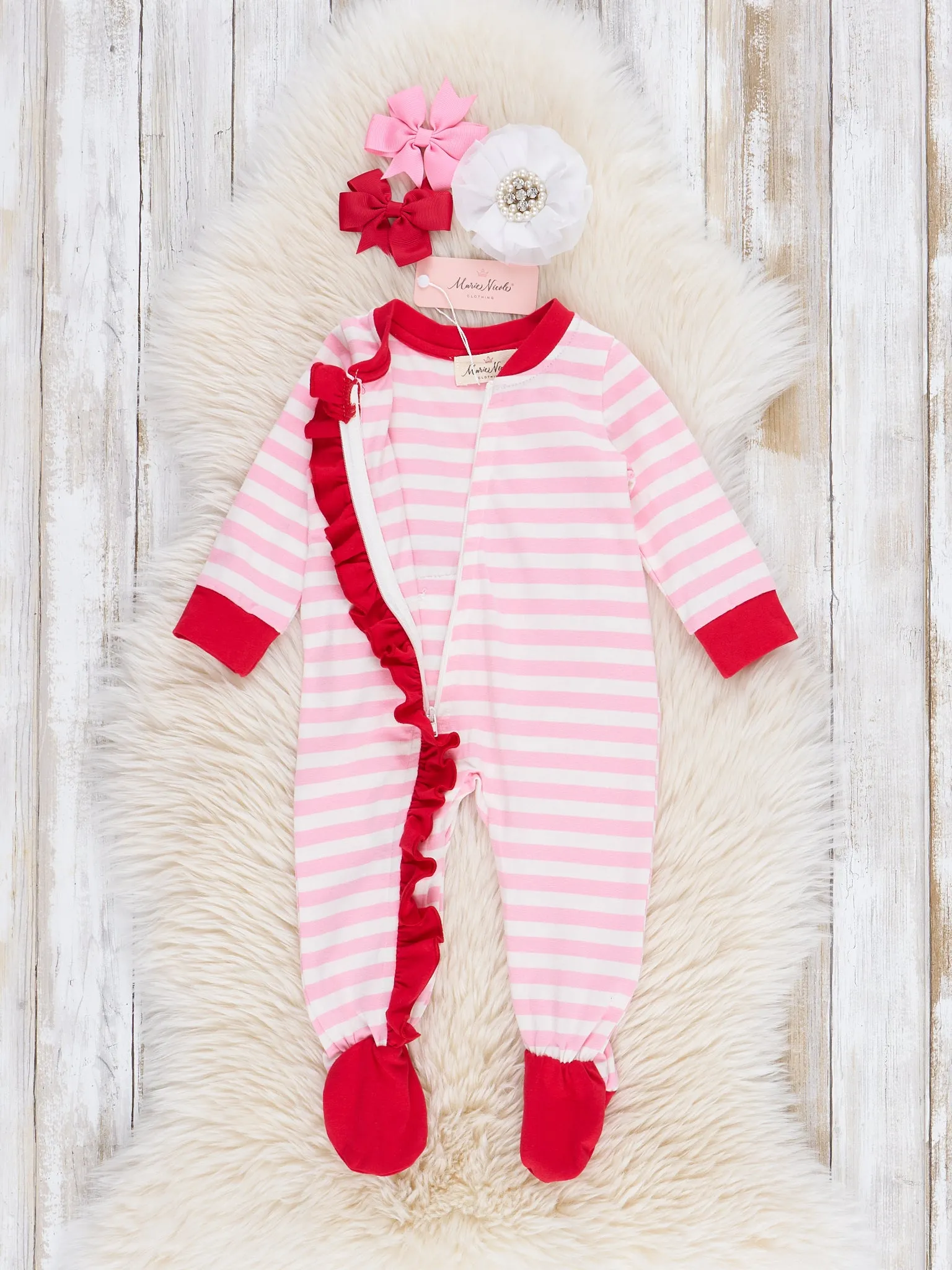 Pink Striped Embroidered Santa Cookies Footed Sleeper Pajamas
