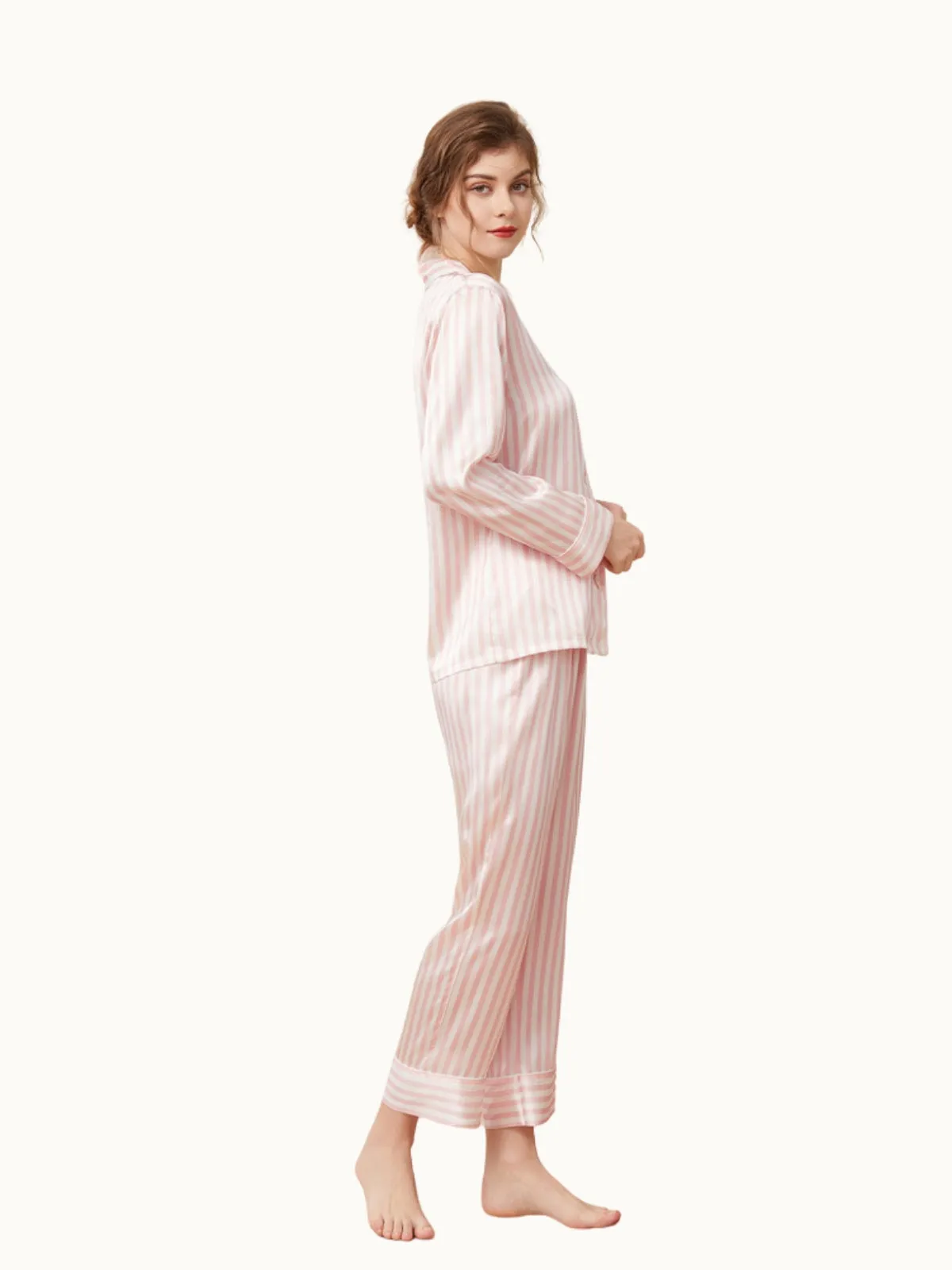 Pink Striped Silk Pajamas Set for Women