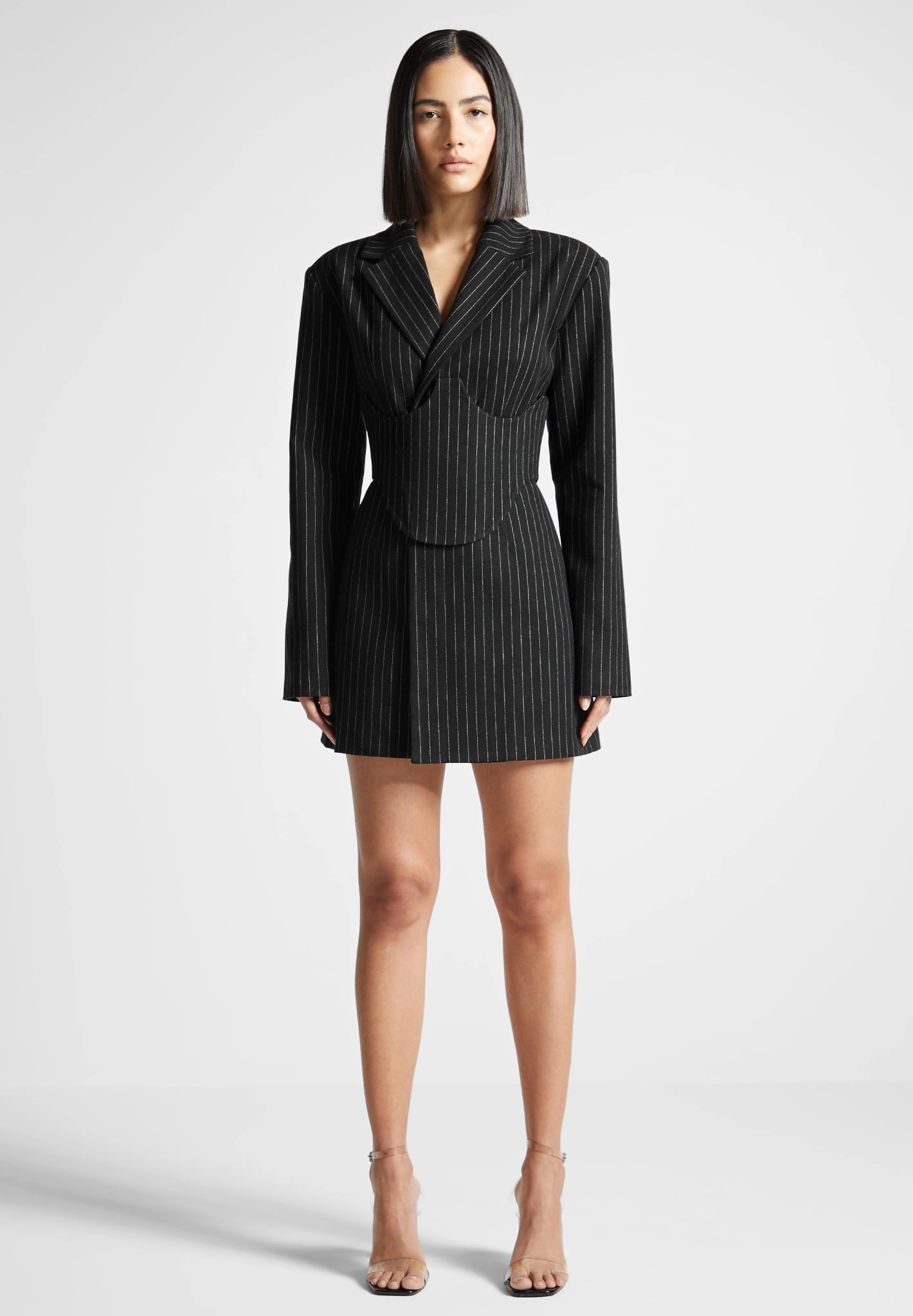 Pinstripe Blazer Dress with Reversible Corset - Black Light Soft Flowing Fit