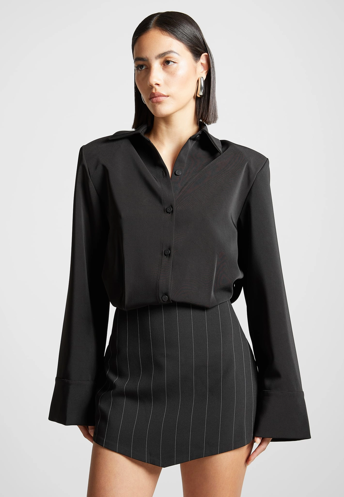 Pinstripe Skirt Shirt Dress - Black Beauty Zone