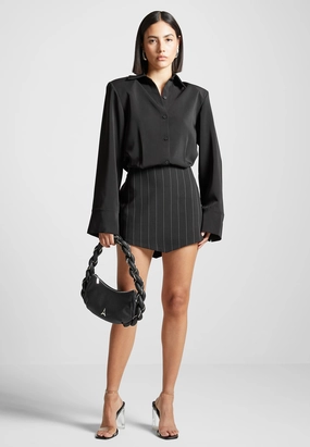 Pinstripe Skirt Shirt Dress - Black Fashionable appearance Drape Wave