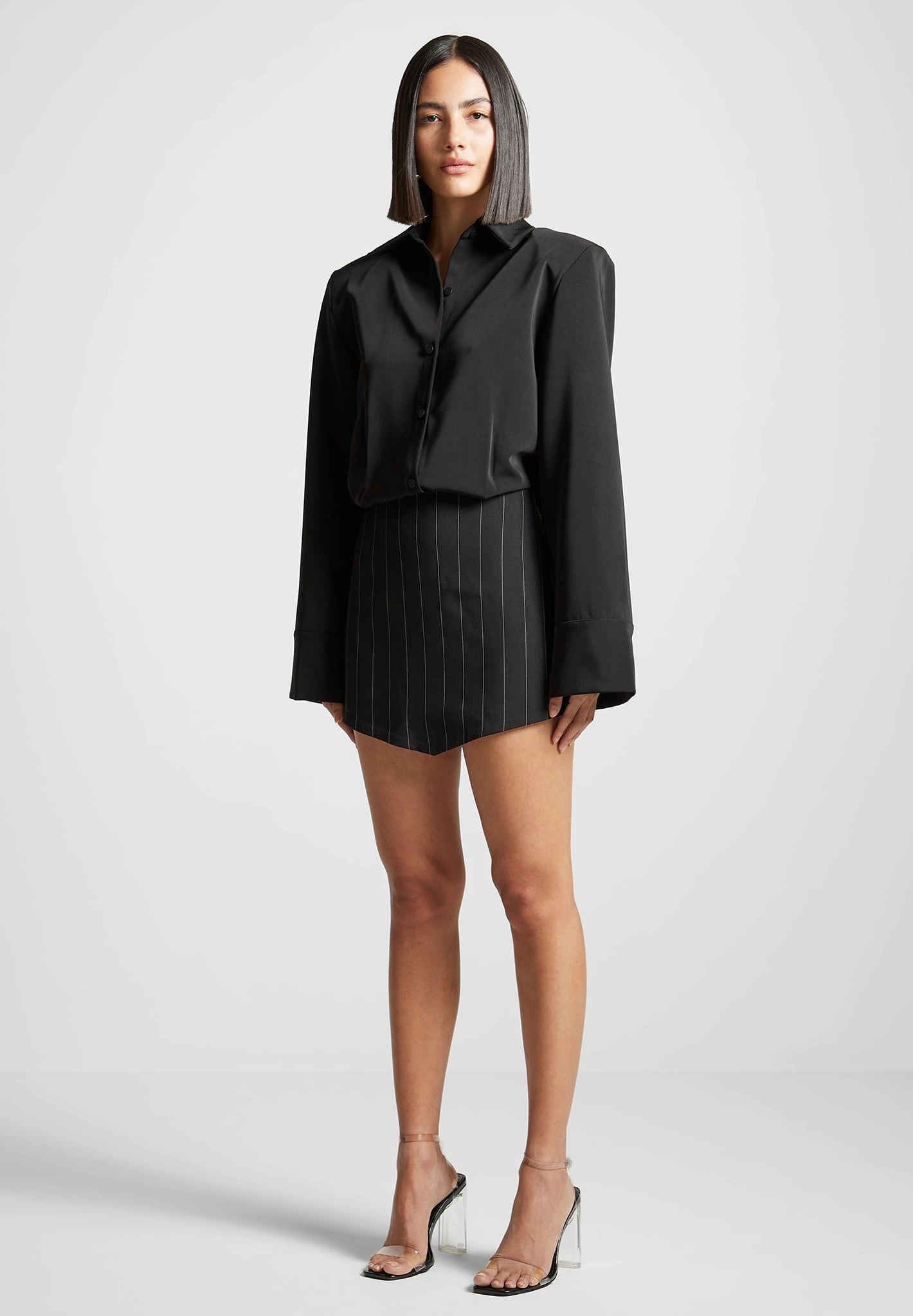 Timeless Look Wear Pinstripe Skirt Shirt Dress - Black
