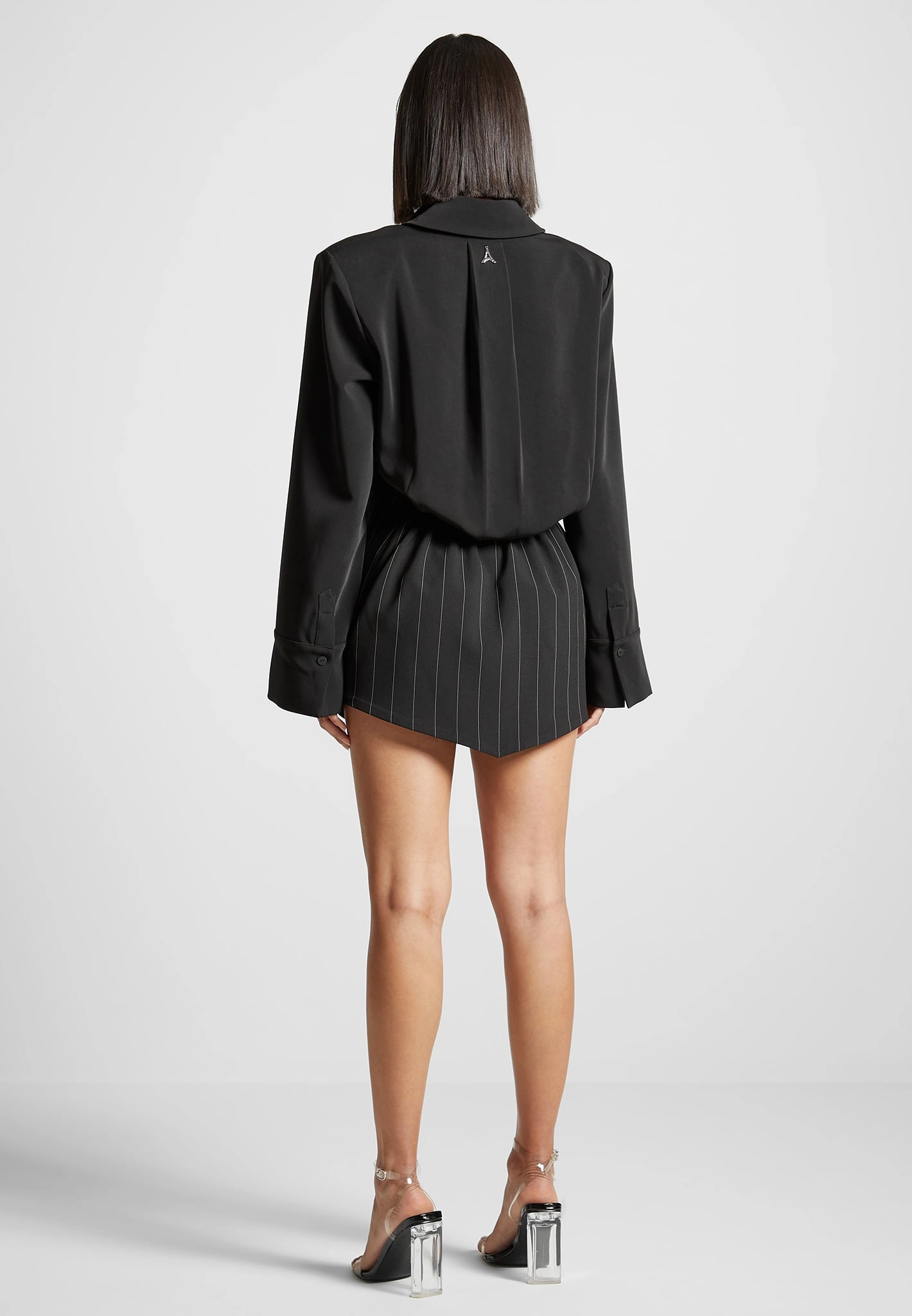 Pinstripe Skirt Shirt Dress - Black Elegant Detail